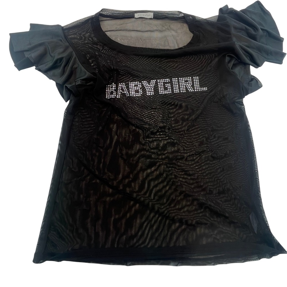 Occasion‎ Black Mesh Babygirl Rhinestone Ruffle Sleeve Top XL X-Large